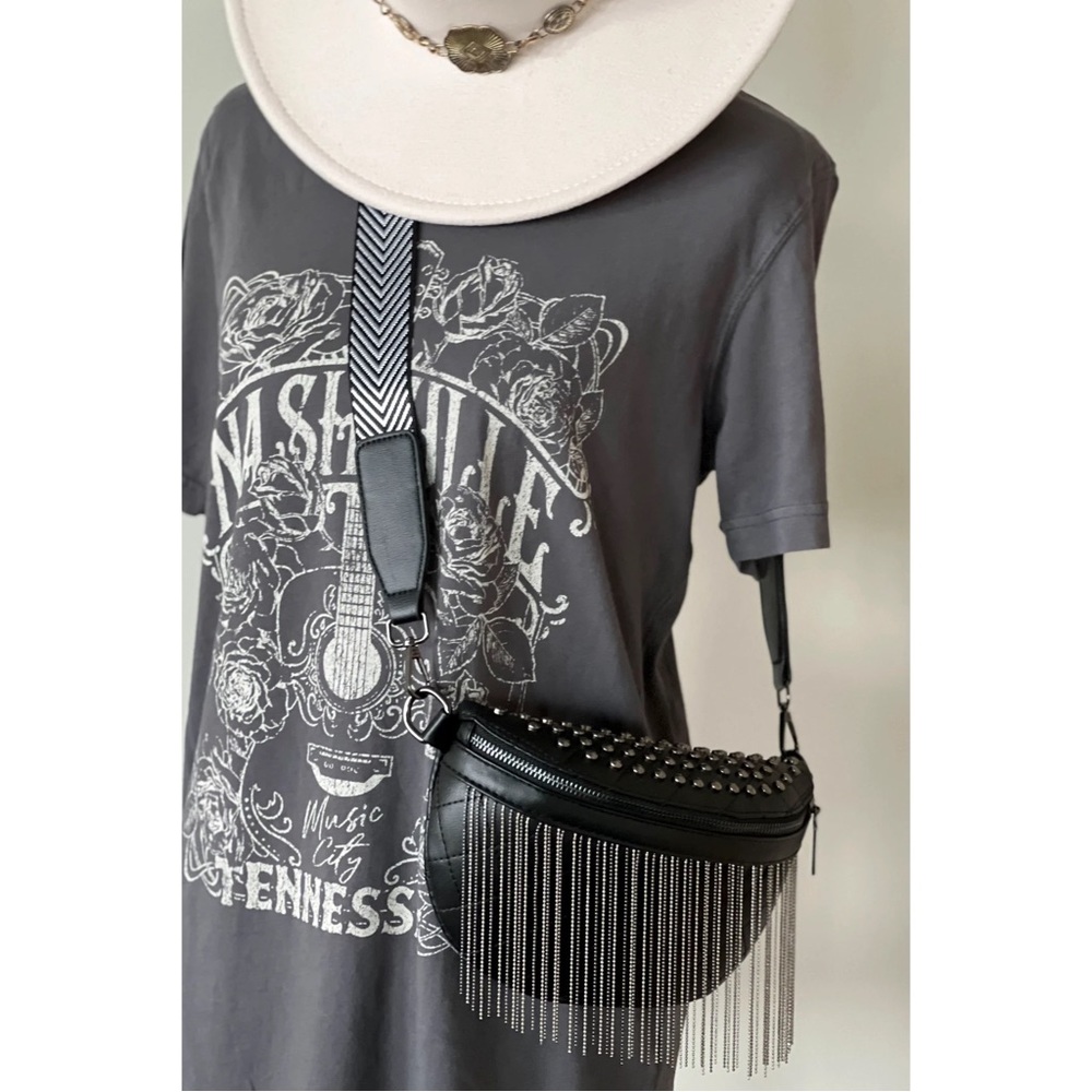 JUST VIBIN’ BLACK STUDDED FRINGE CROSSBODY BUM BAG FANNY PACK PURSE